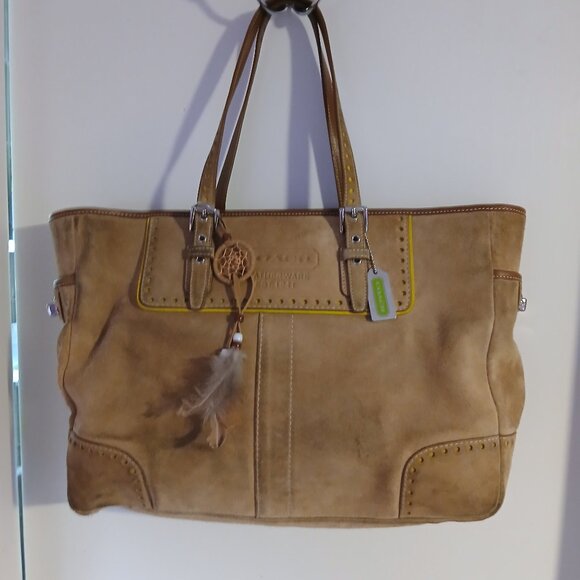 Vintage Coach Hampton Gallery Tote Bag Tan Suede Brown Leather - Picture 1 of 13